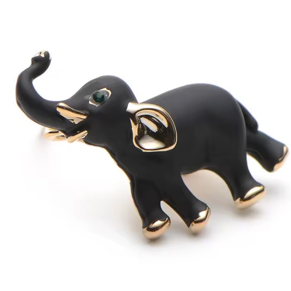 Elephant Black Gold Brooch with Green Eye - Picture 5 of 8